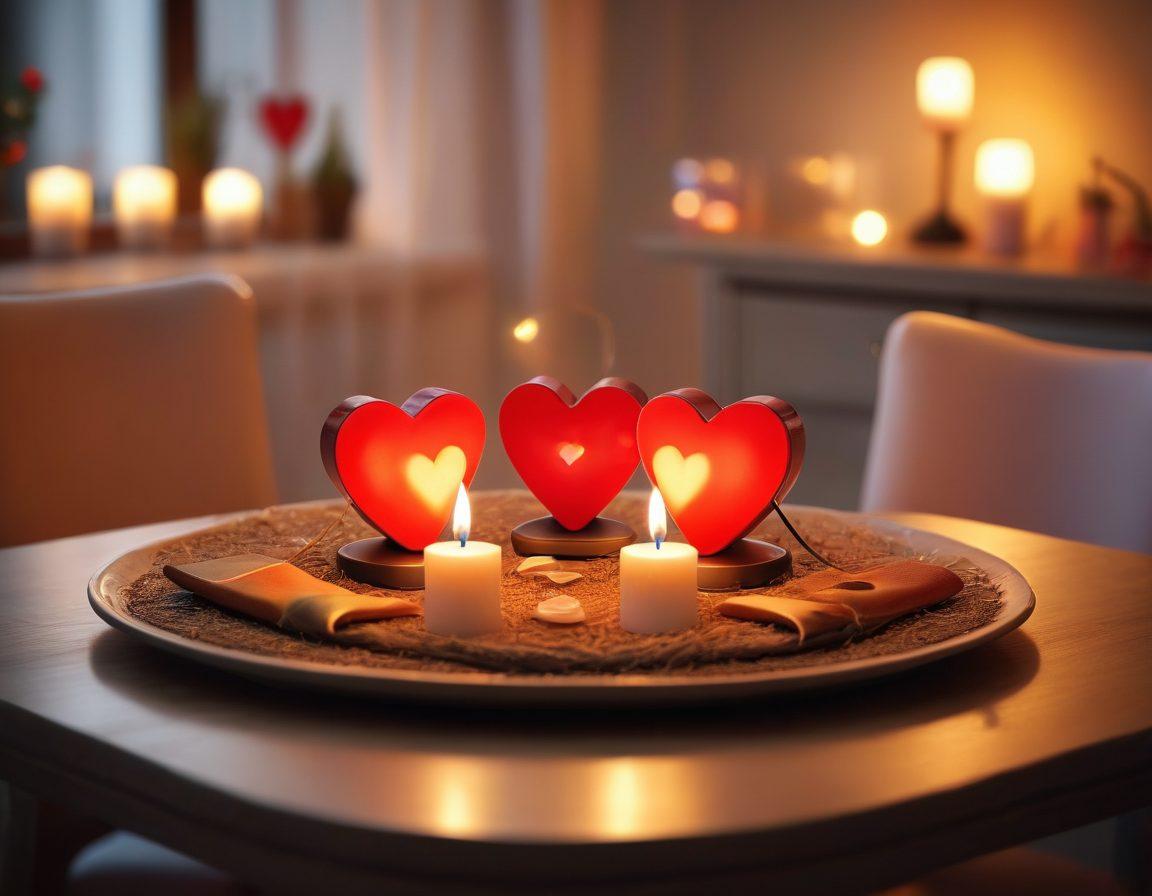 A cozy candle-lit dinner setting with two glowing heart-shaped battery icons softly illuminating the table. Include a couple enjoying a romantic moment, exchanging gifts made from recycled materials. Surround the scene with playful, colorful love-themed decorations and budget-friendly battery packs. Emphasize warm, inviting colors and a dreamy atmosphere. super-realistic. vibrant colors. soft focus.