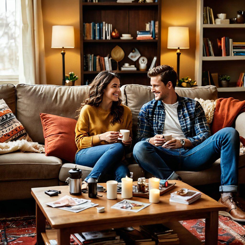 A cozy scene featuring a couple sitting together in a warm, inviting living room, surrounded by various types of batteries scattered on a coffee table, symbolizing the theme of recharging relationships. The couple shares a lighthearted moment, laughing and making choices together, with a playful ambiance created by soft lighting and colorful decor. Include subtle hints of money-saving options like coupons or price tags to represent budget-friendly choices. super-realistic. warm tones. inviting atmosphere.
