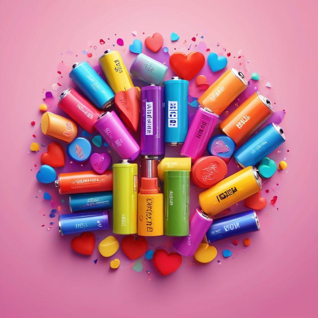A vibrant display of rechargeable batteries in various sizes, surrounded by colorful hearts and shopping tags to symbolize love and savings. Incorporate a playful layout with bright colors and a cheerful atmosphere, emphasizing affordability. Include elements like discount percentages and energy icons to attract attention. The background should be light and airy, creating a friendly vibe. vector art. vibrant colors.